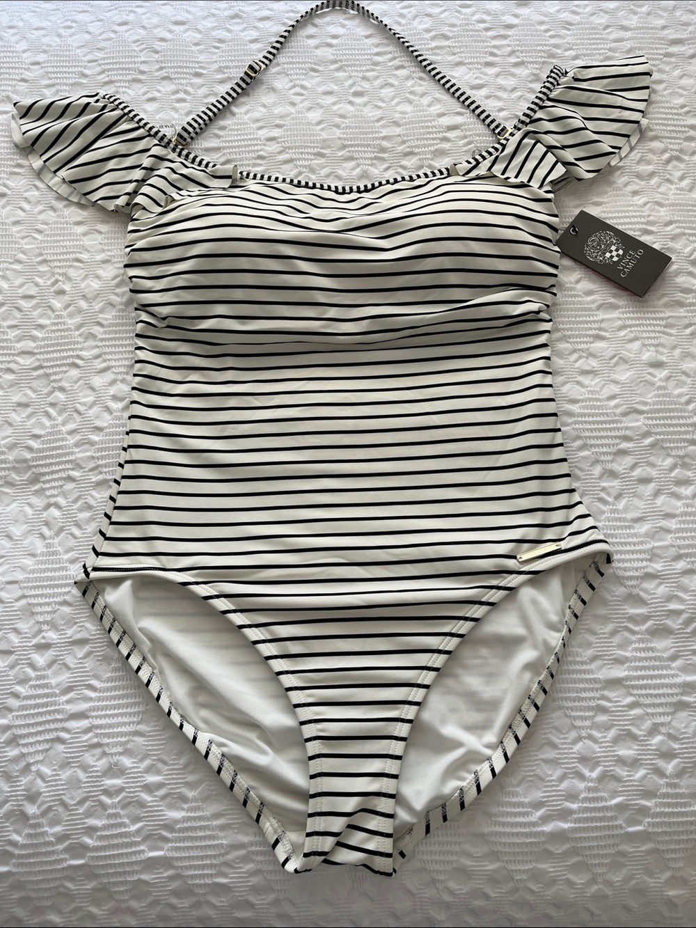 New VINCE CAMUTO Striped Off-Shoulder One-Piece Swimsuit, Black/White, 12, NWT